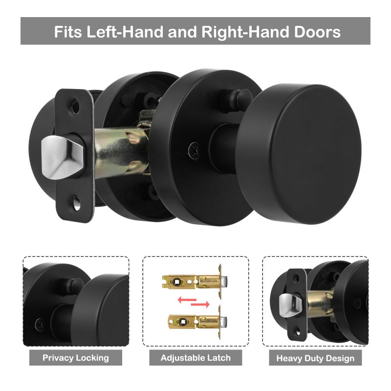 naubea Matte Black Door Knobs Interior Black Privacy Door Knob with Lock, Heavy Duty Round Vintage Door Handle for Bedroom Bathroom - Image 4